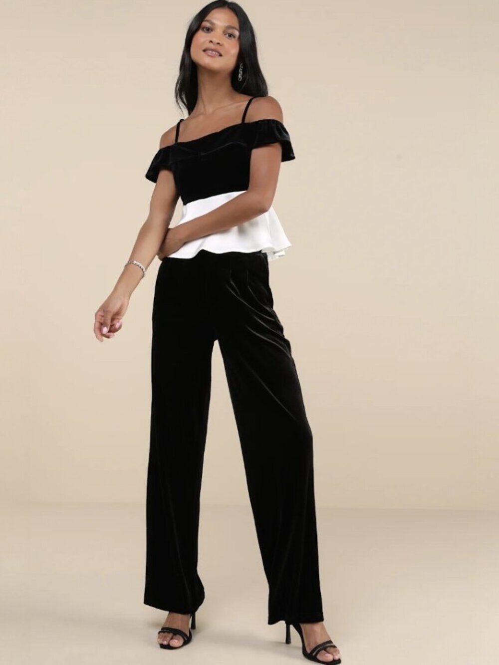 Lulus Contemporary Drama Black and White Velvet Cold Shoulder Top​ NWT